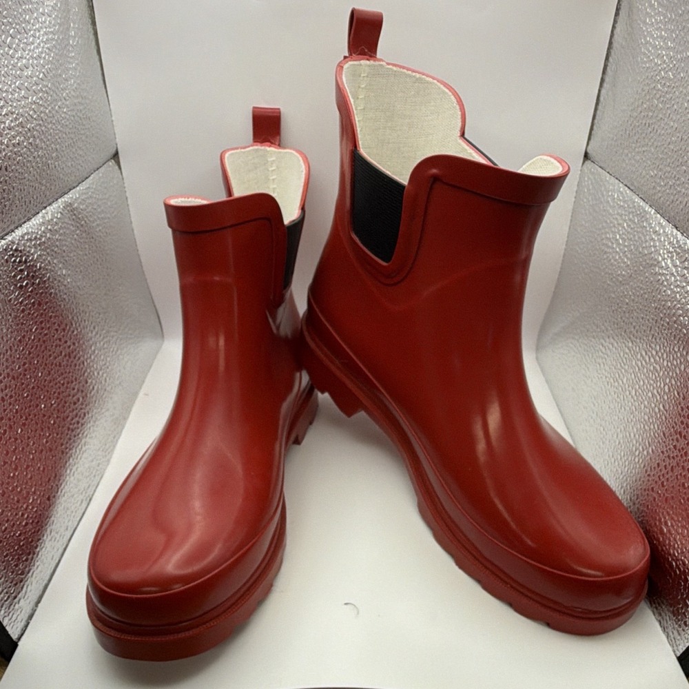 NORTY Women's Red Chelsea Ankle Rain Boots US 7 Rubber Pull-On Round Toe